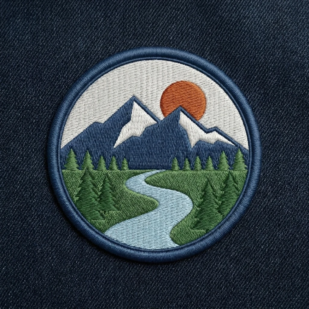The same mountain badge rendered as a dense embroidered patch with satin border on indigo denim.