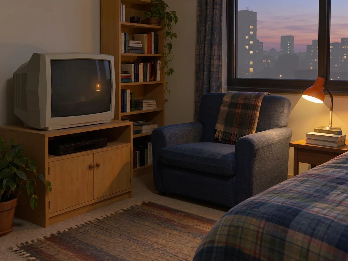 Retro low-poly interpretation of the same room, CRT television, blue chair, lamp, and evening window.
