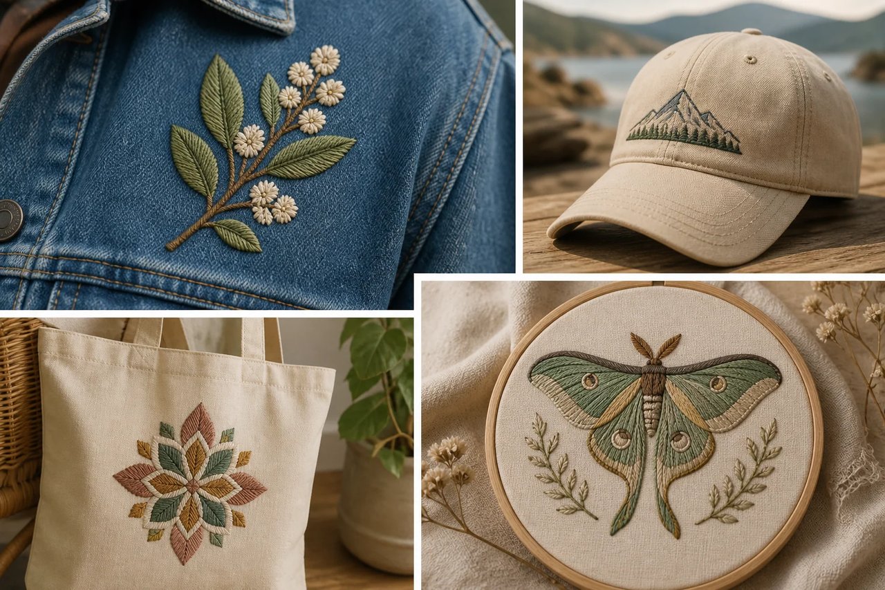 Four AI Embroidery Generator use cases shown on a denim jacket, cap, canvas tote, and decorative hoop artwork.