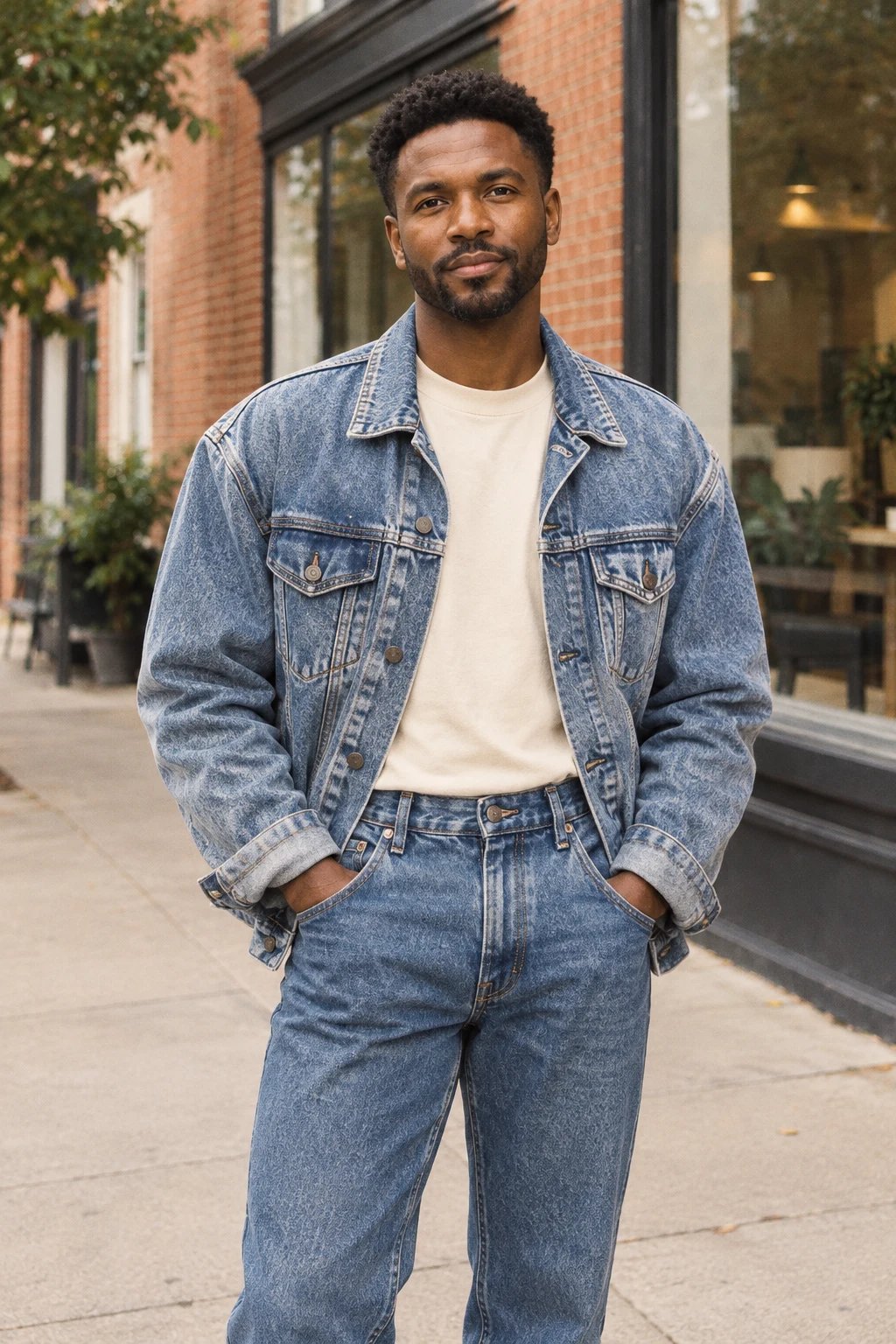 Denim jacket and jeans styled in a brick-street portrait.