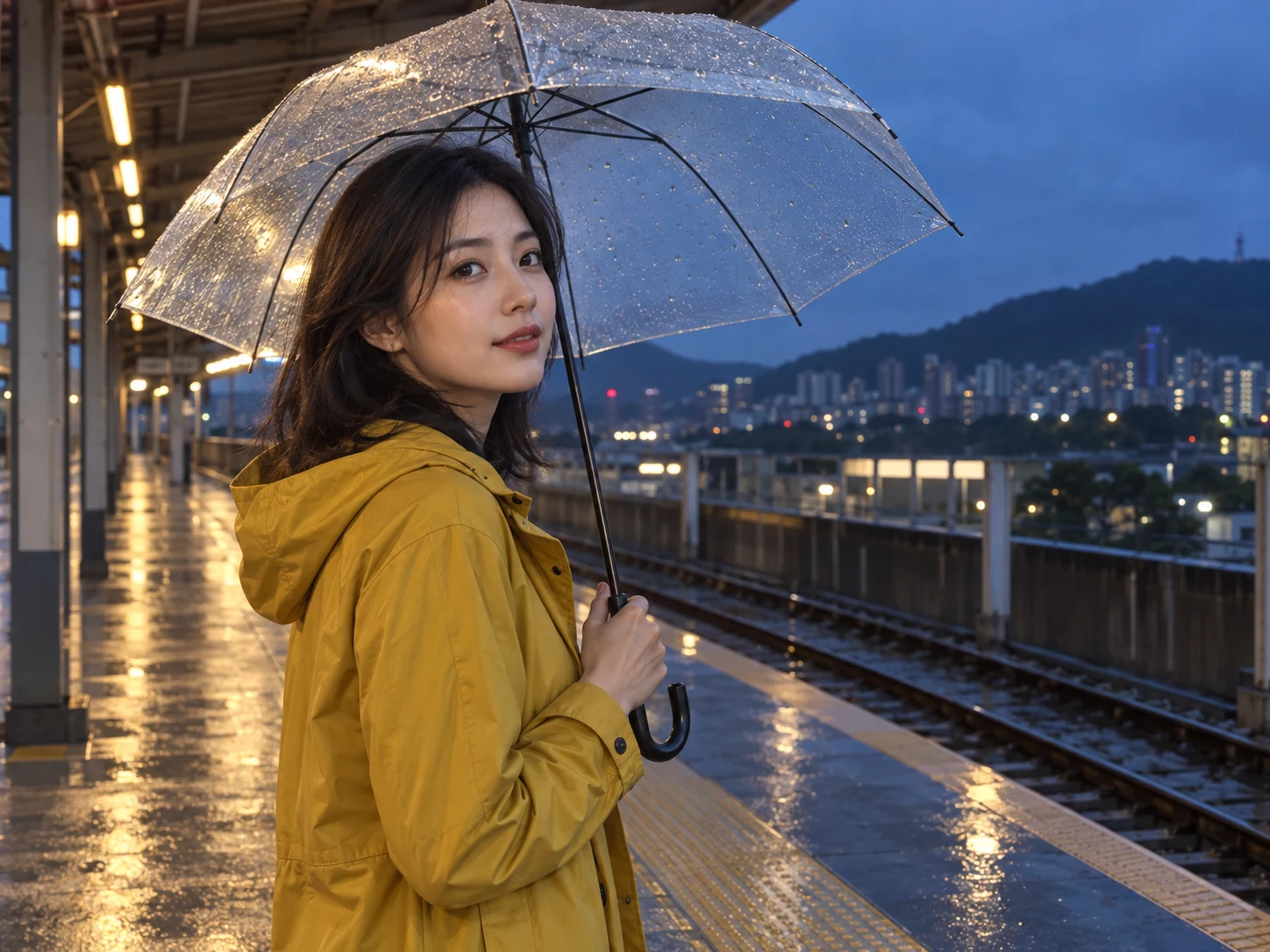 Original adult woman in a mustard raincoat under a transparent umbrella at a wet evening station.