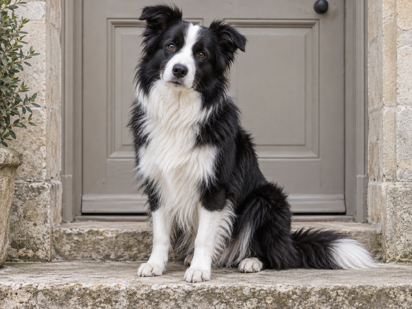 A black-and-white border collie sitting on a pale stone doorstep in soft daylight.
