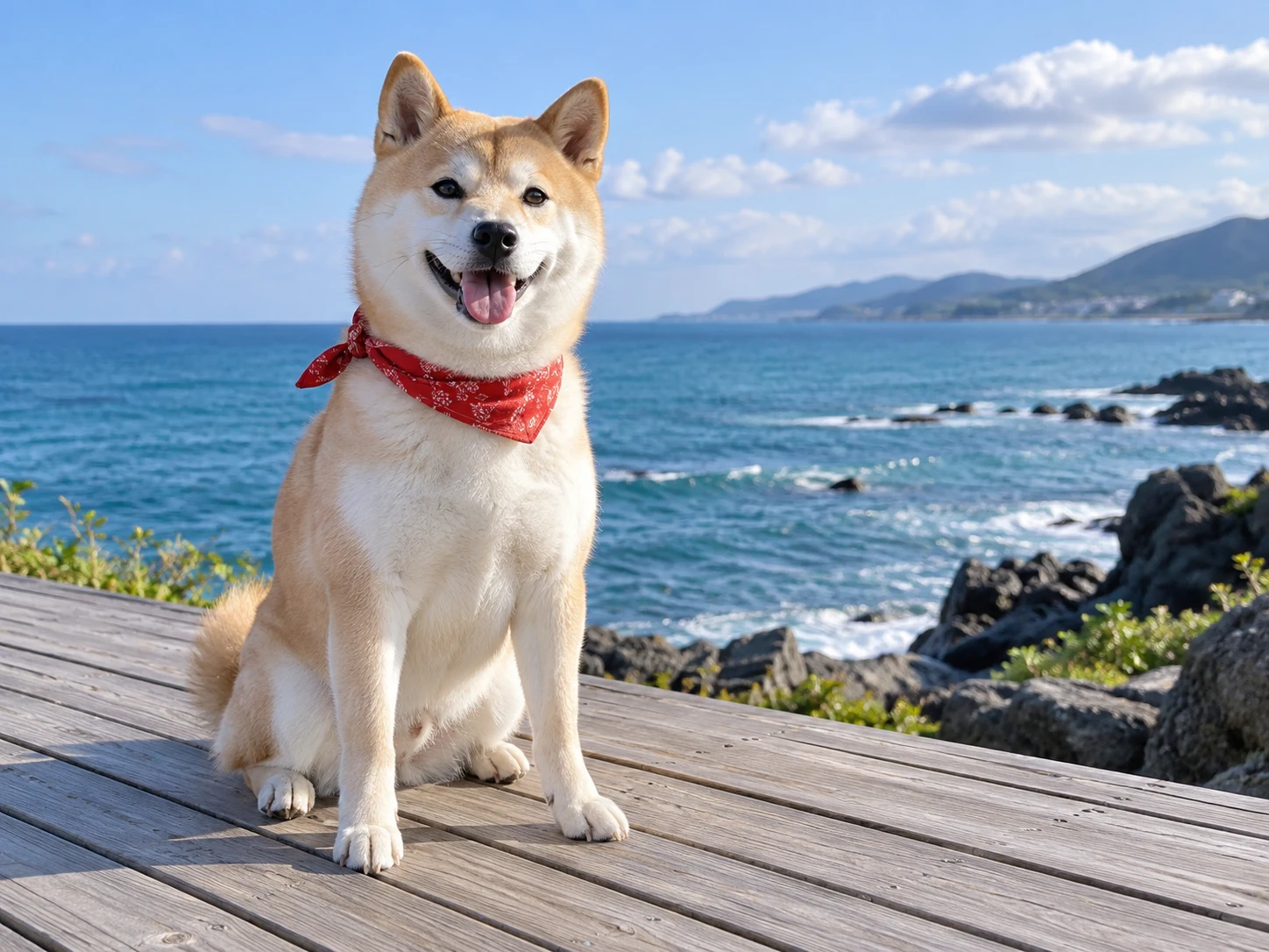 Original cream Shiba Inu wearing a red scarf on a wooden seaside boardwalk.