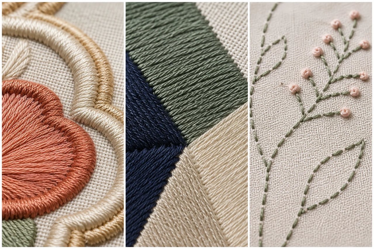 Macro embroidery studies comparing satin borders, directional fill stitches, running stitches, and French knots on believable fabric surfaces.