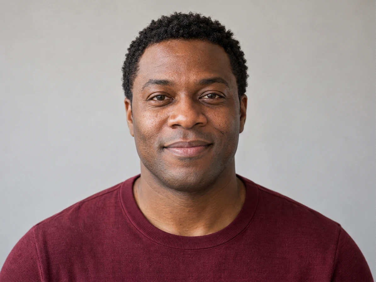 The corresponding clean-shaven portrait with the same deep brown skin, short coiled hair, burgundy shirt, and expression.