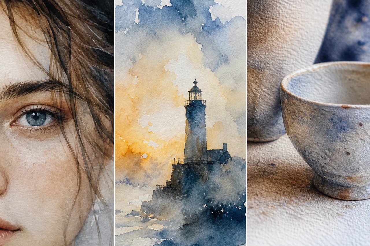 Close watercolor quality studies showing readable facial features, controlled pigment blooms around a lighthouse, and believable paint texture on ceramic and cold-press paper.