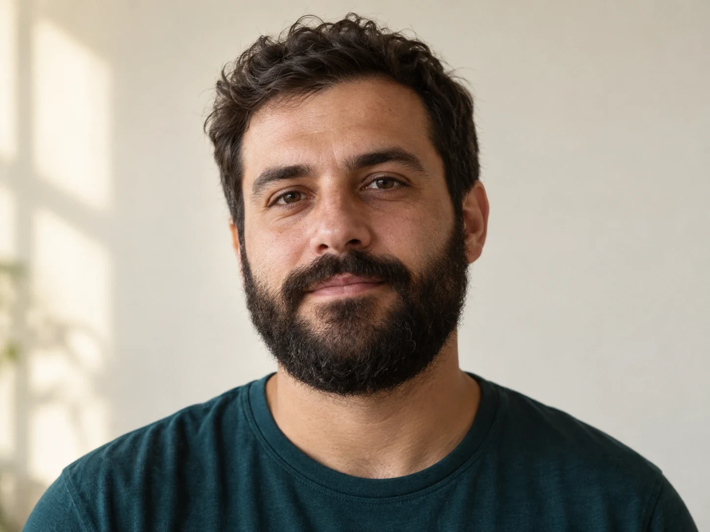 Original adult man with a dense dark beard, wavy hair, and a teal shirt in soft window light.