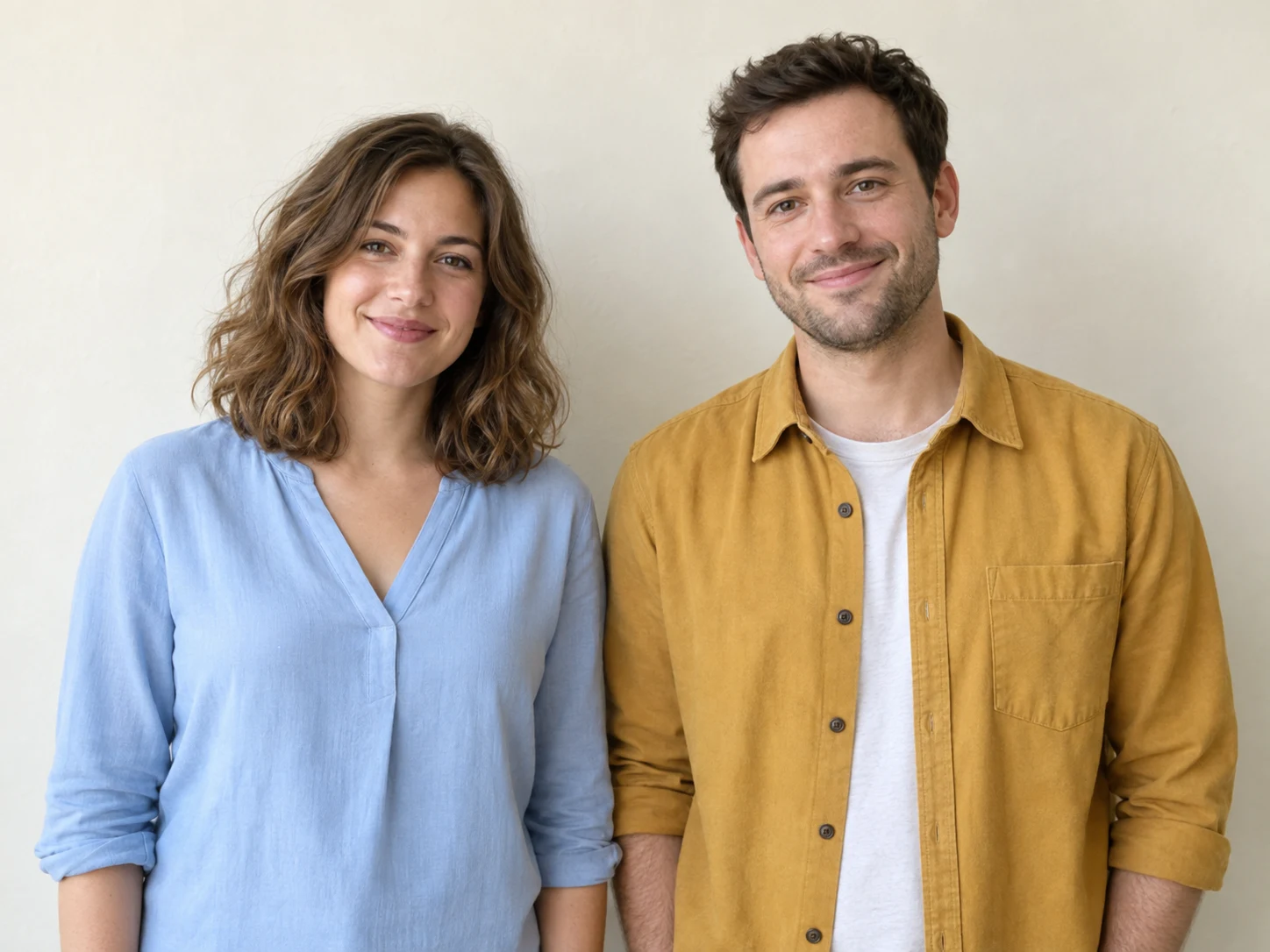 Original two adult friends standing side by side against a cream wall, wearing a blue blouse and mustard shirt.