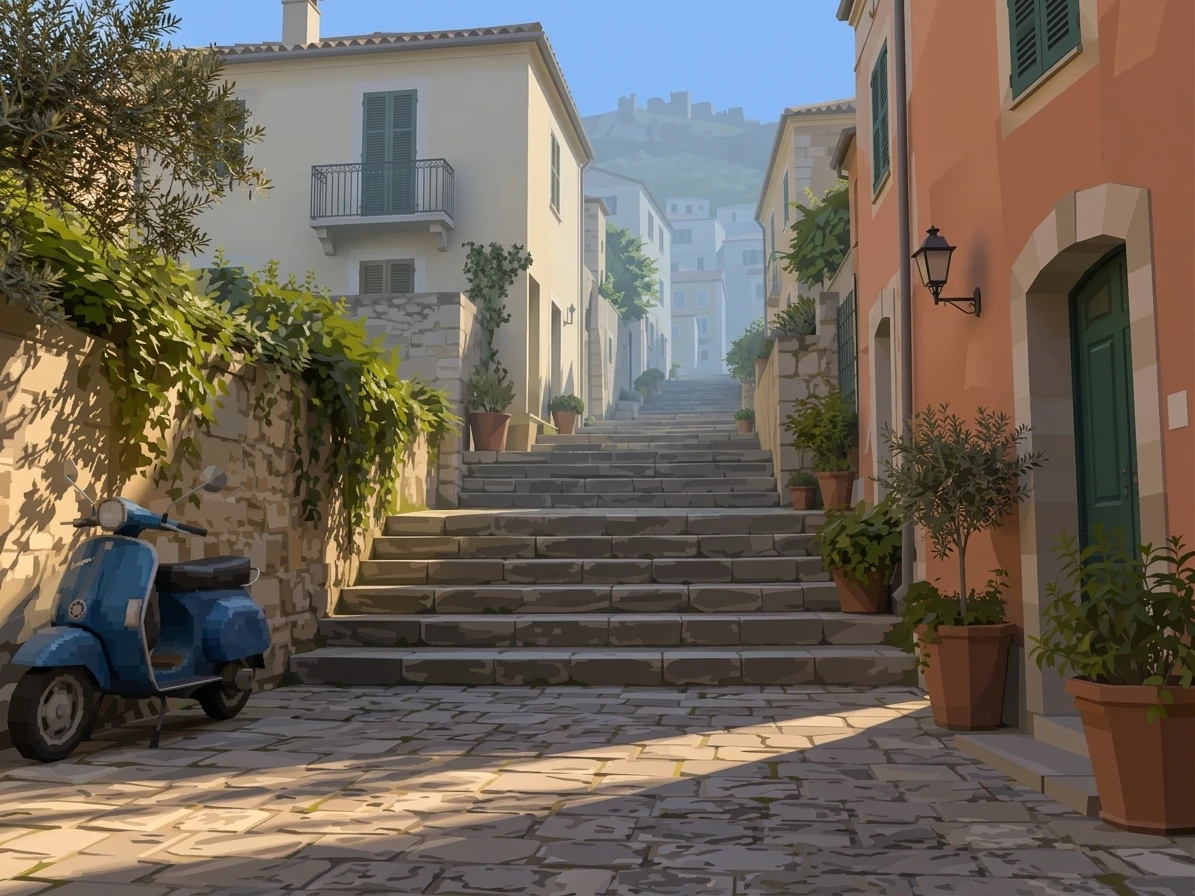 Retro game-style stepped street with simplified stucco buildings, potted plants, and the same blue scooter.