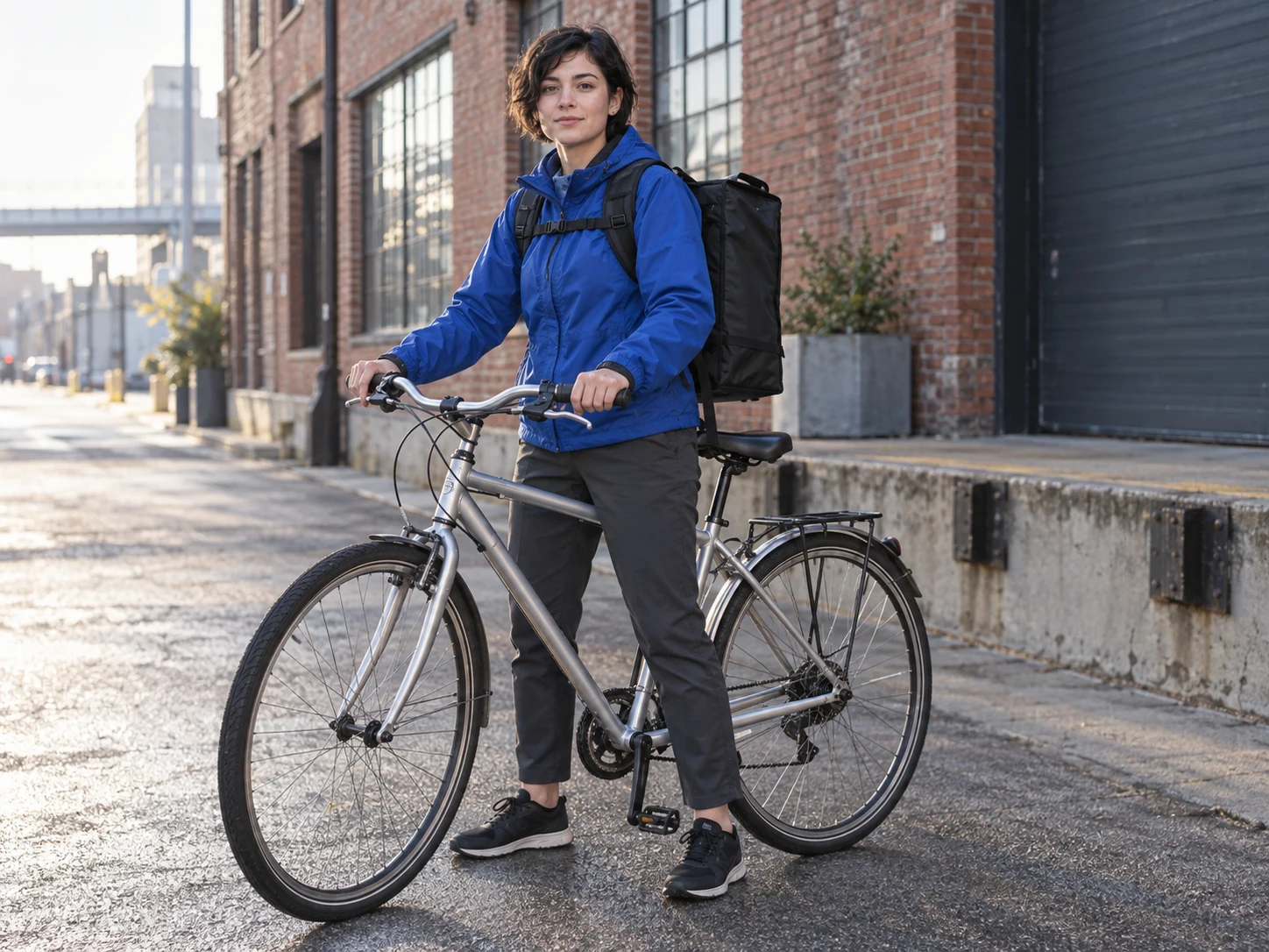 Original adult bicycle courier in a cobalt jacket standing with a silver bike on a city street.