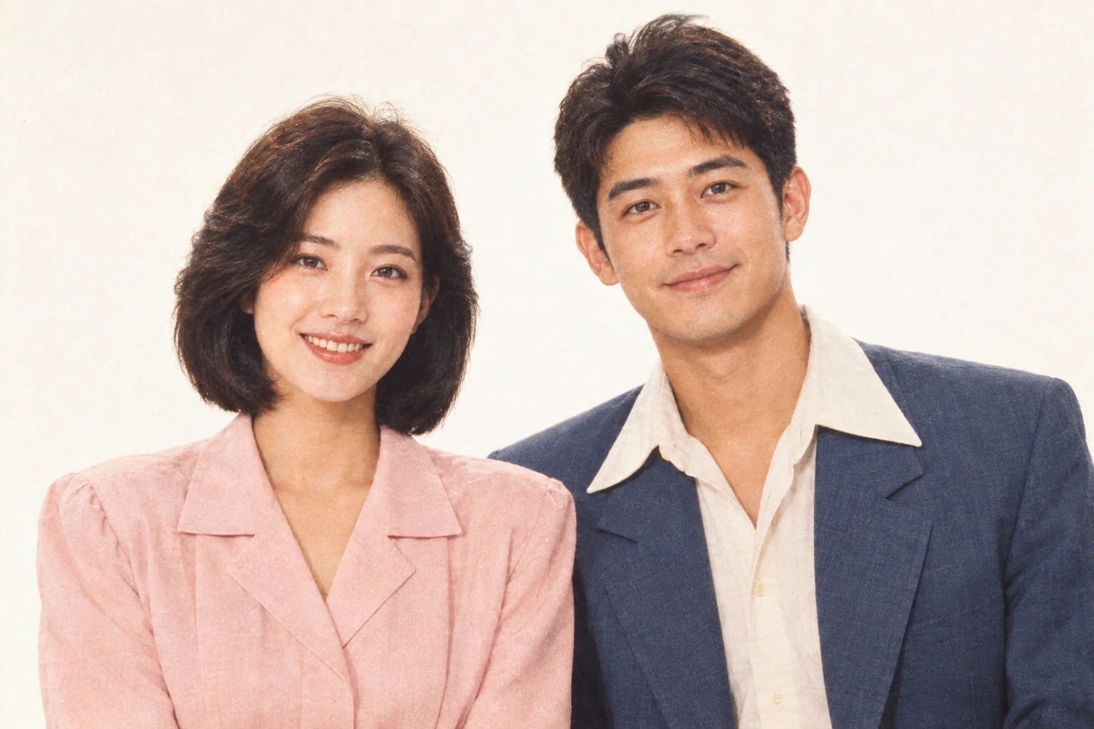 The same adult couple in an 80s-inspired portrait with retro wardrobe and warm analog tones.