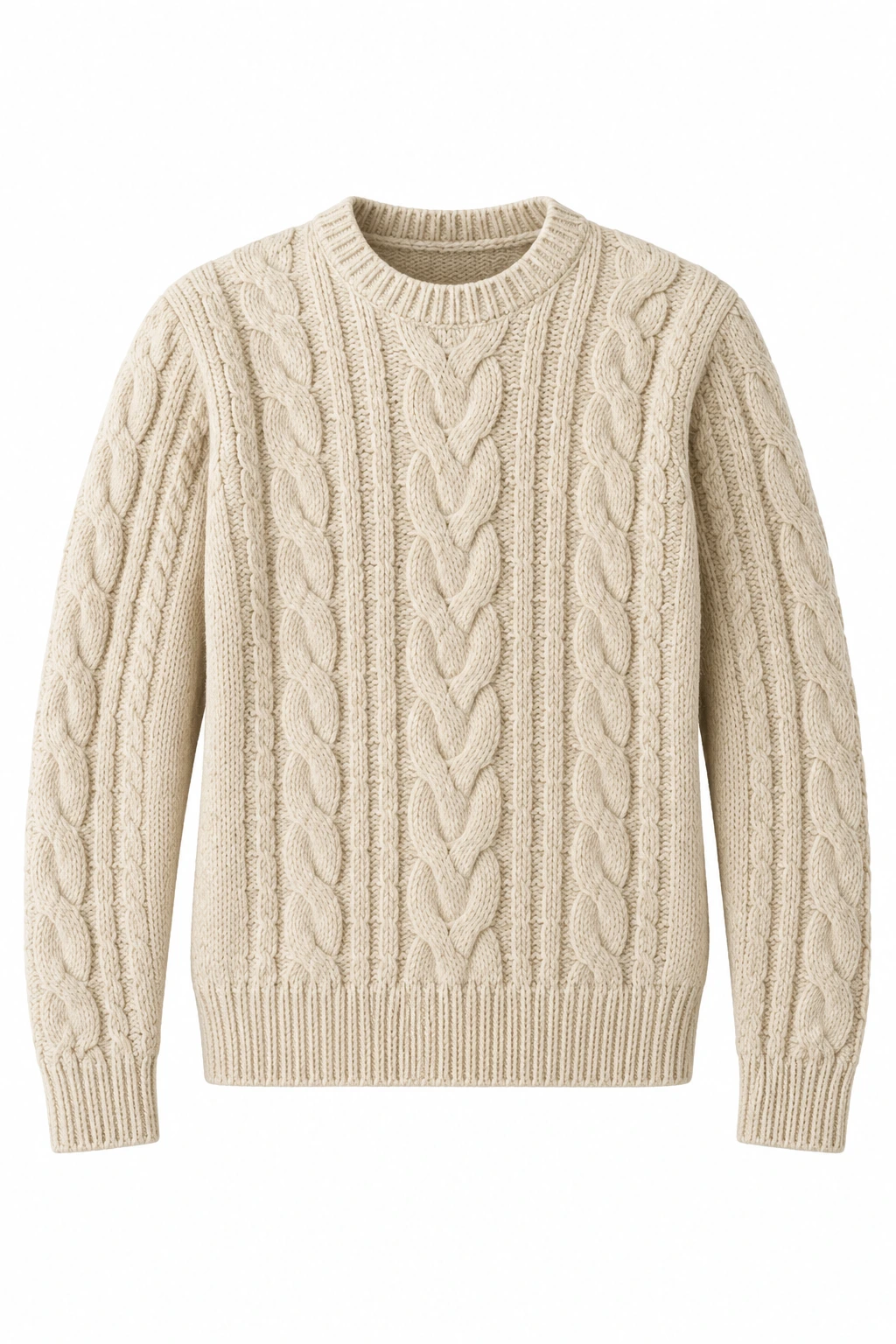 Oatmeal cable-knit sweater presented with shaped shoulders and a hollow neckline.