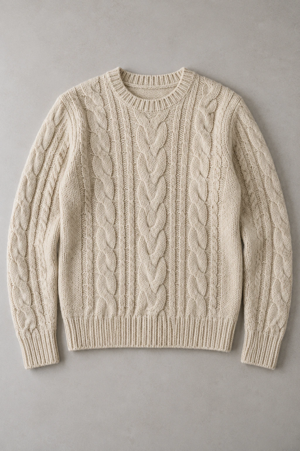 Oatmeal cable-knit sweater arranged flat with both sleeves visible.