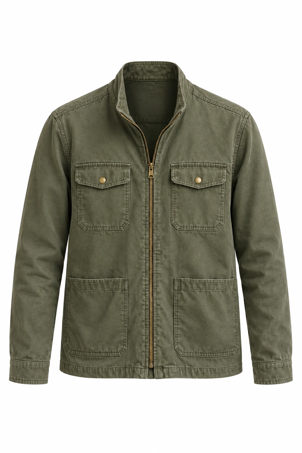 Olive utility jacket without a hanger, presented against white.