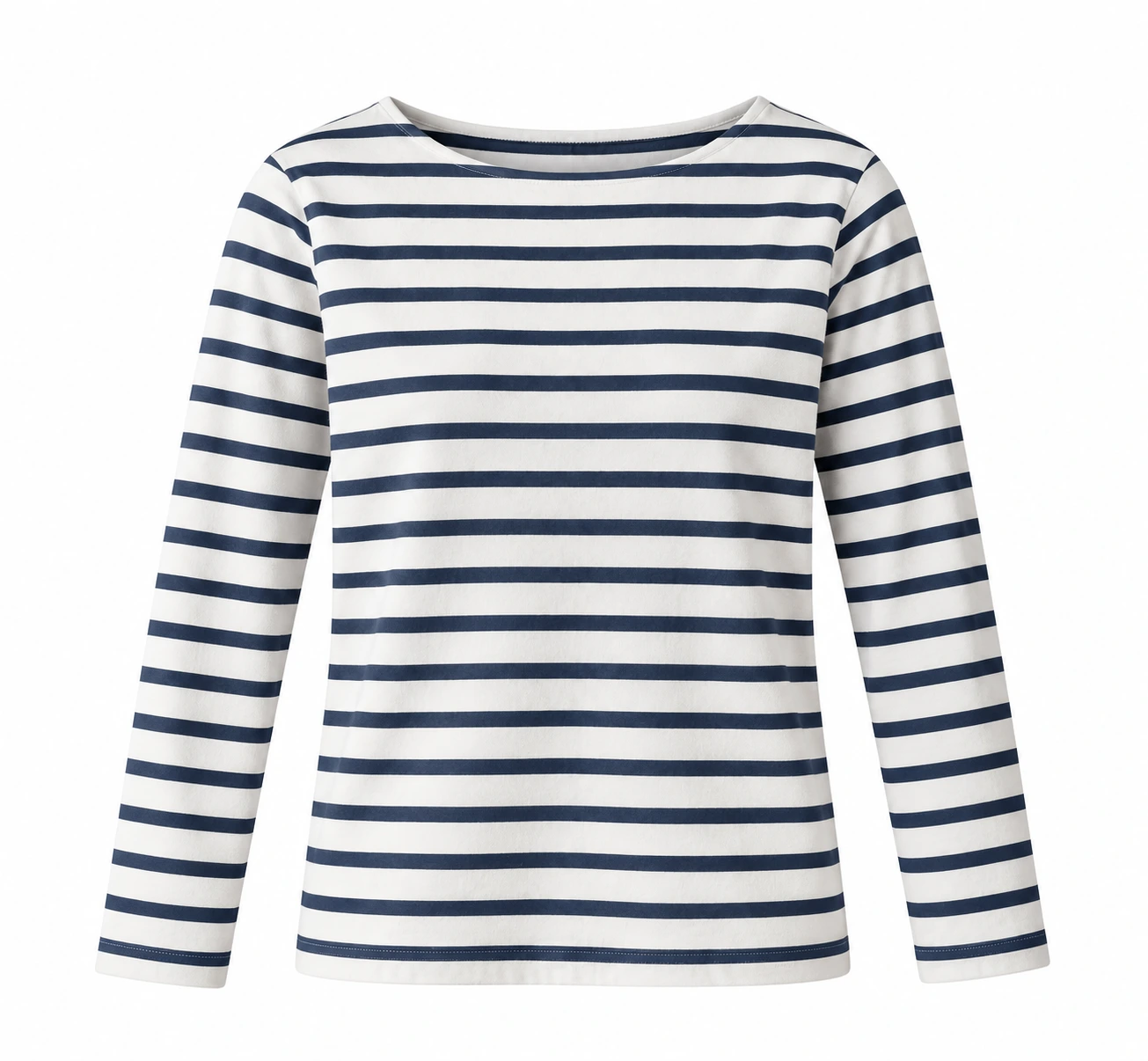 Ivory and navy striped top with a hollow neckline on a wider white canvas.