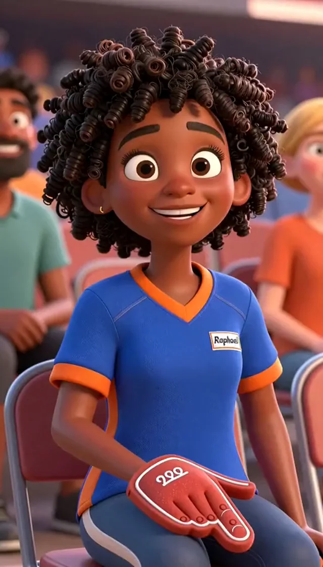 Animated curly-haired sports fan cheering in a stadium
