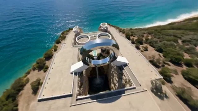 Flying camera moving over a modern coastal villa
