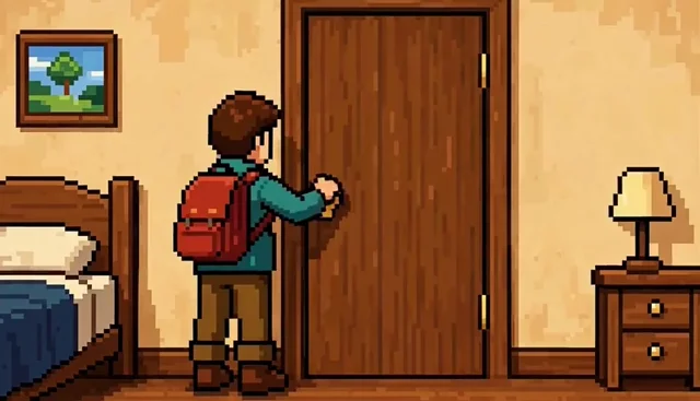 Pixel-art explorer opening a bedroom door onto a tropical island
