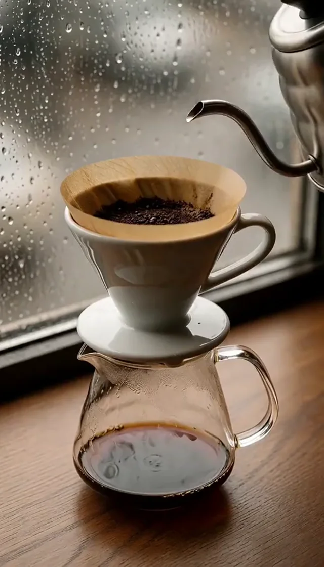 Pour-over coffee being prepared beside a rainy window