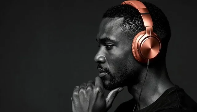 Monochrome portrait with copper-colored headphones