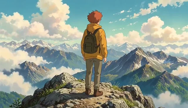 Anime hiker revealed against a wide mountain panorama