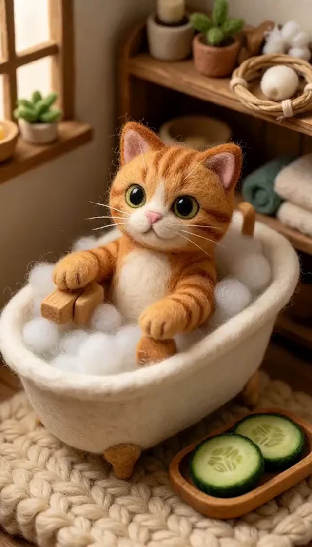 Orange needle-felted cat relaxing in a tiny bathtub