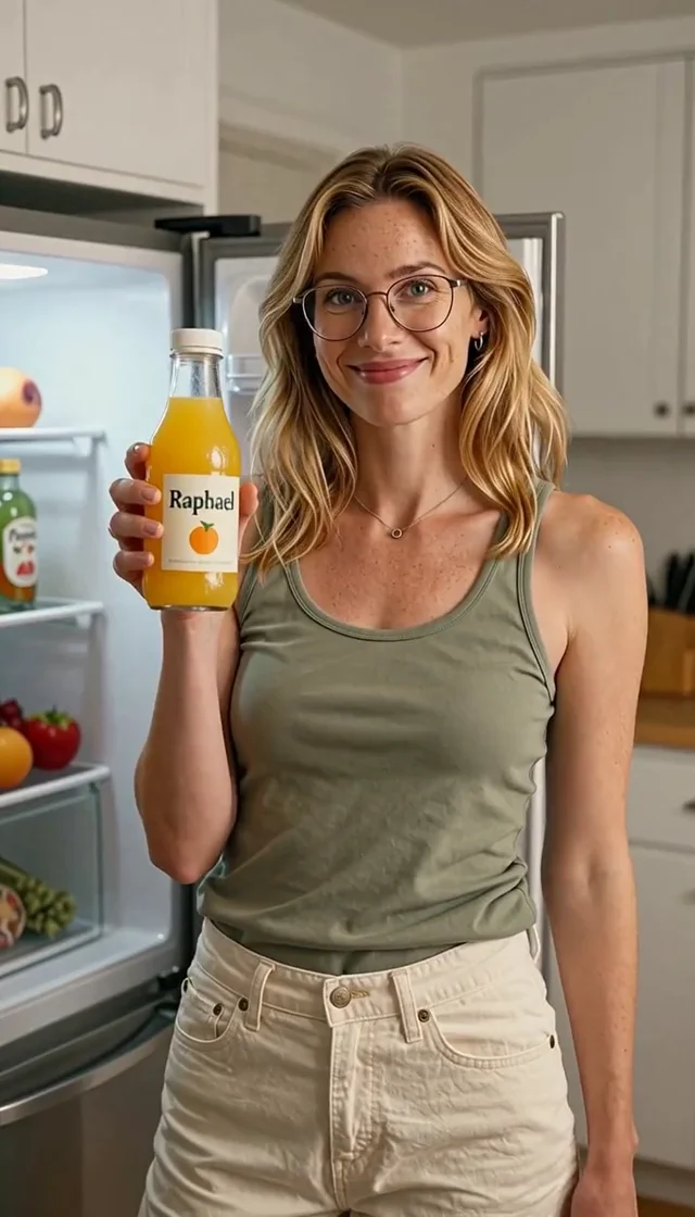 Woman presenting an orange drink in a bright home kitchen