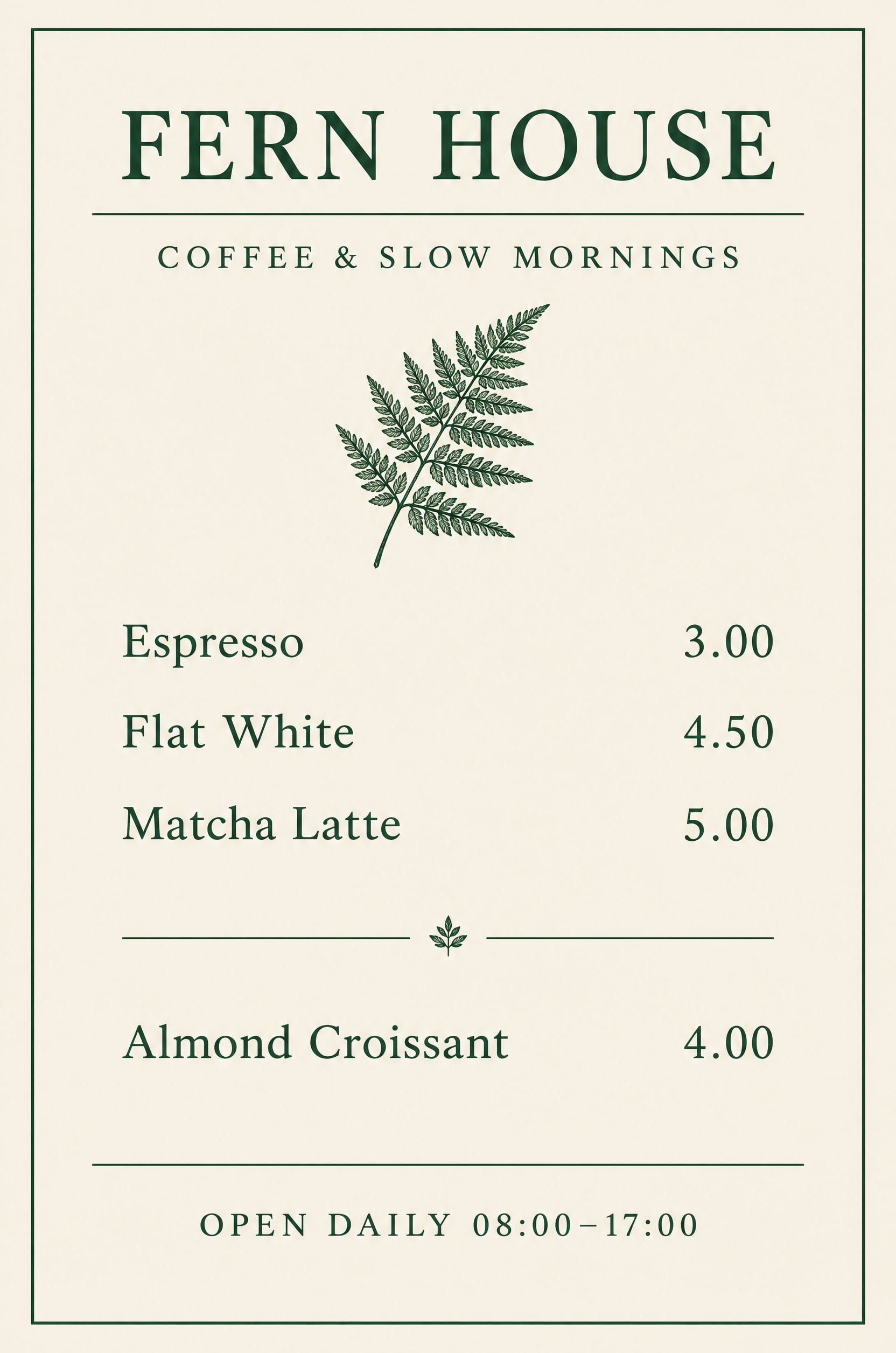 Reference image: Fern house menu