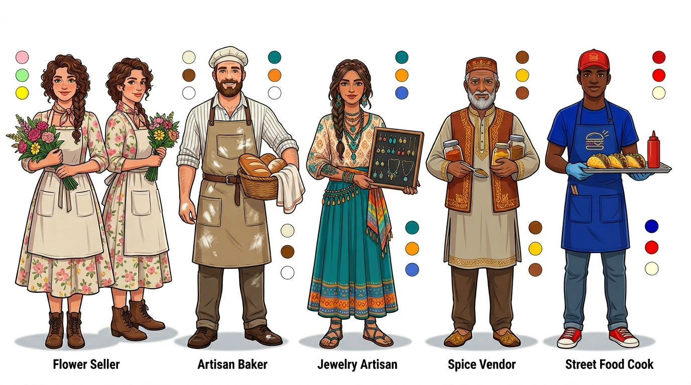 Reference image: Multi character design sheet