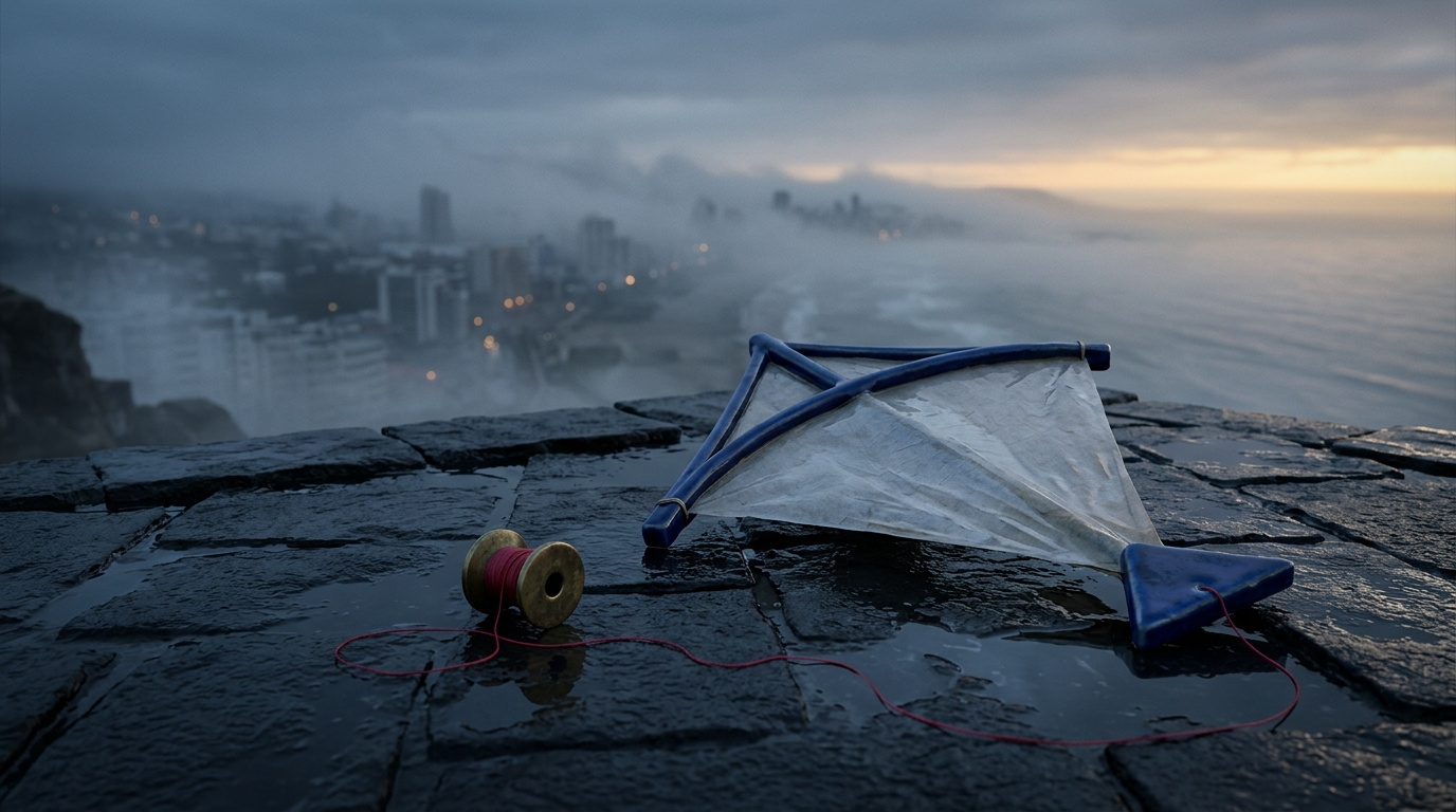 Reference ceramic kite on a wet rooftop