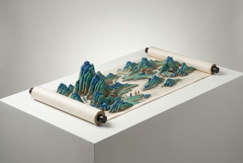 Three-dimensional blue green landscape scroll relief