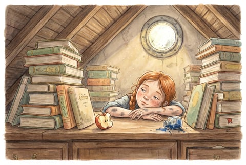 Storybook attic library scene with a girl at an old desk