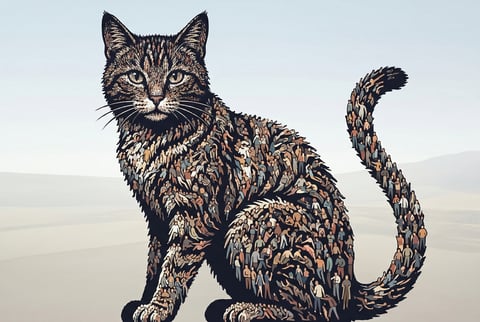 Graphic cat silhouette made from dense fractal-like tiny figures