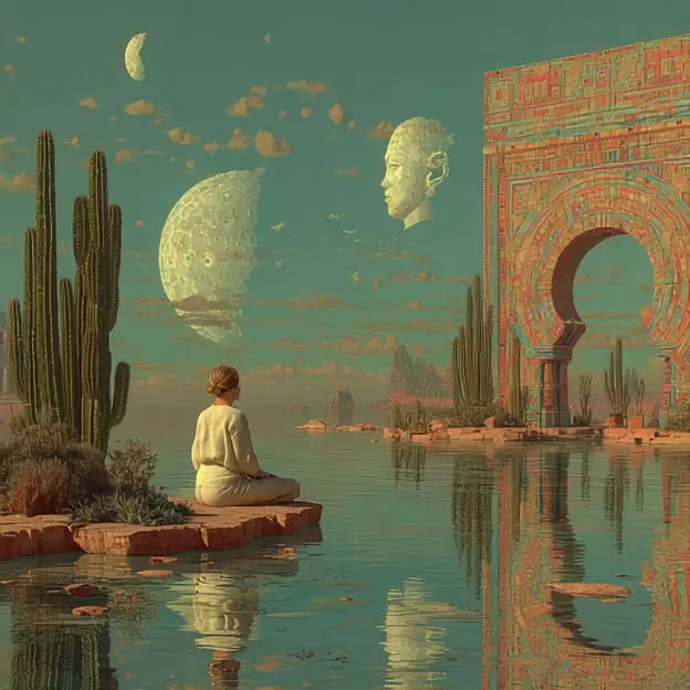 Surreal courtyard scene generated from a text prompt