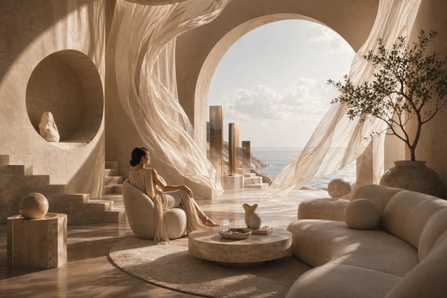 Sculptural salon still used as the first frame for image-to-video