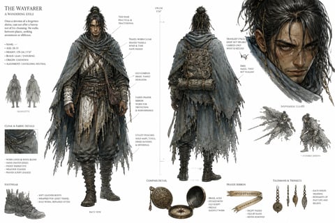 Fantasy wanderer character concept sheet with sketches and callouts